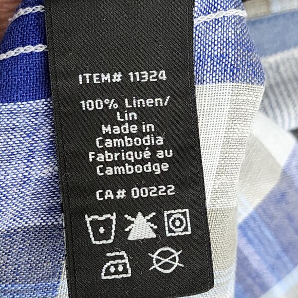 Attitude Blue Plaid Checks 100% Linen Western Short Sleeve Shirt - Picture 4 of 4